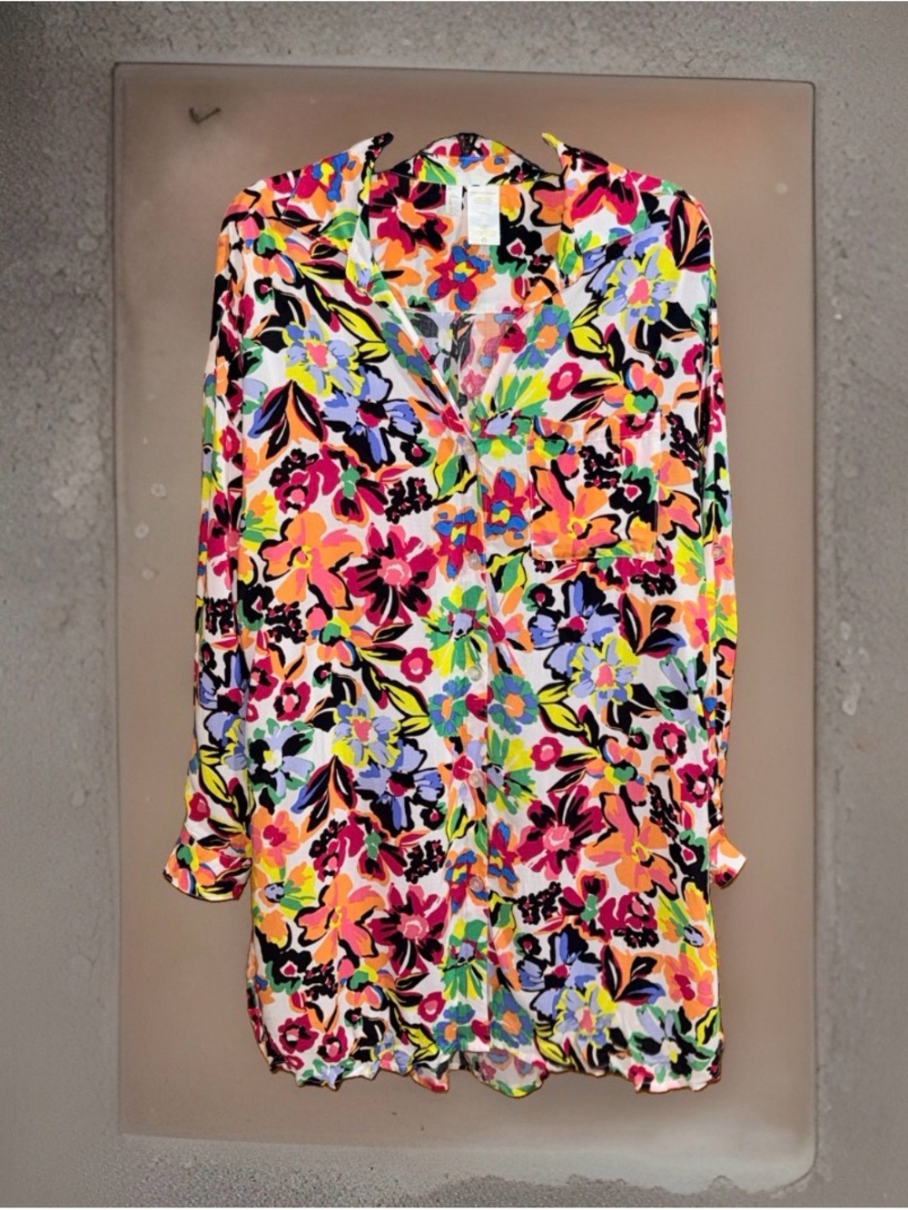 NWT Anne Cole Multicolor Floral Button-Up Tunic in White Base-XS/S